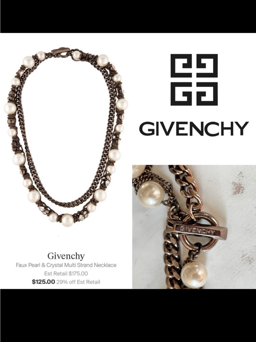 Givenchy Faux Pearl and Crystal Layered Bronze Necklace w Signed Toggle Clasp